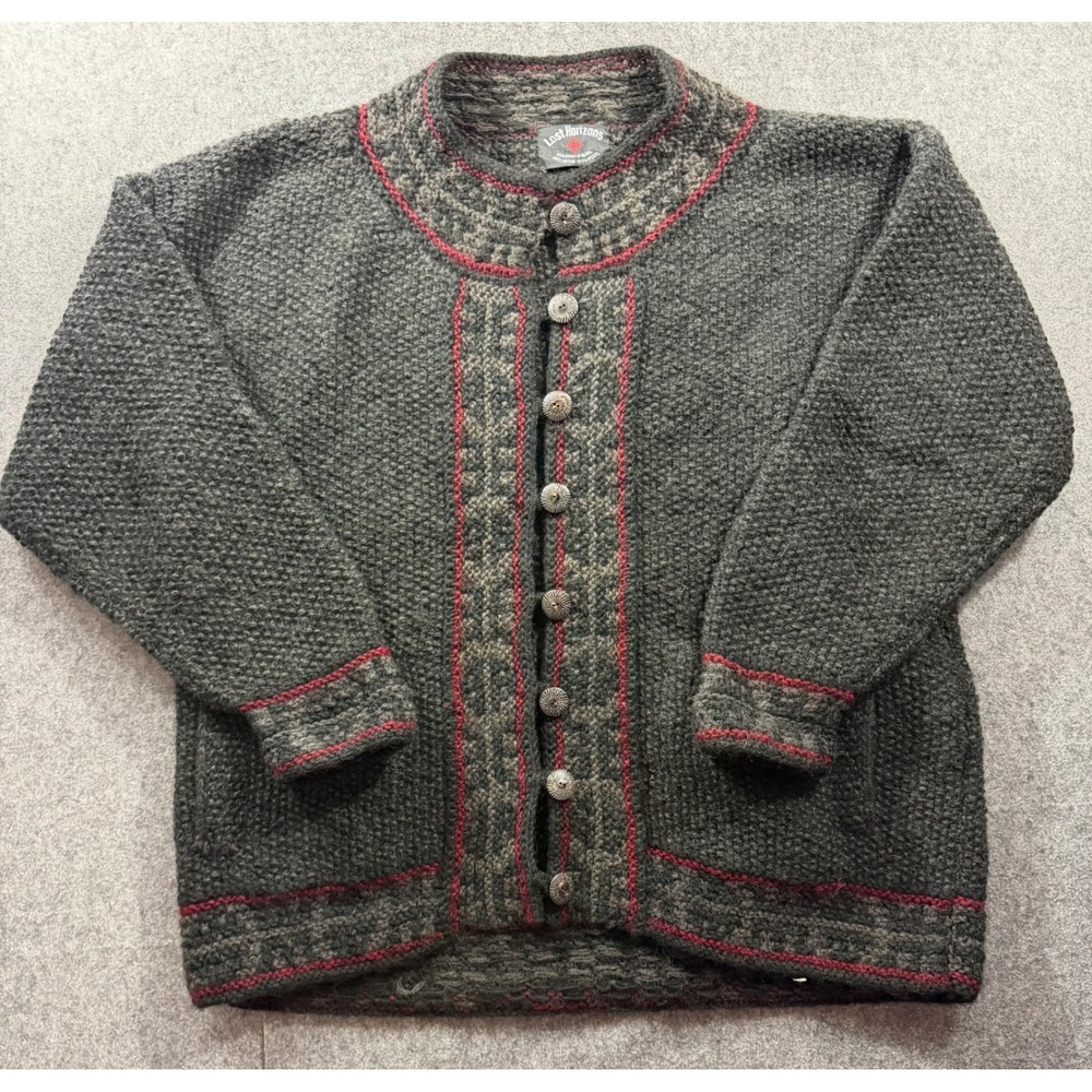 Lost Horizons Handknit Nepal Wool Cardigan Sweater Charcoal Grey Red XL